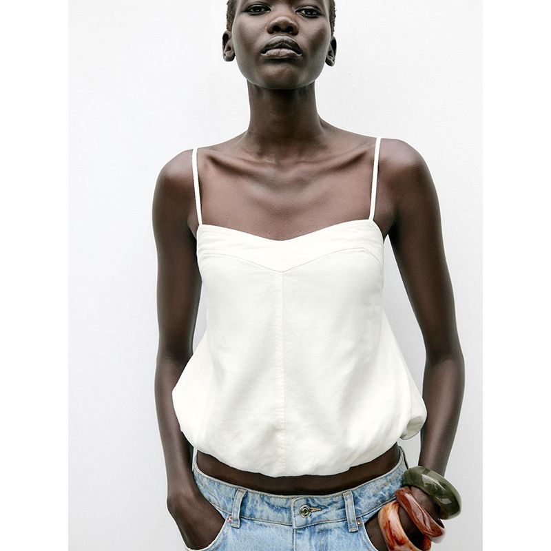 Summer New Product Women's Clothes V Neck Puffy Hem Linen Blended Balloon Style Sling Tops 8372075