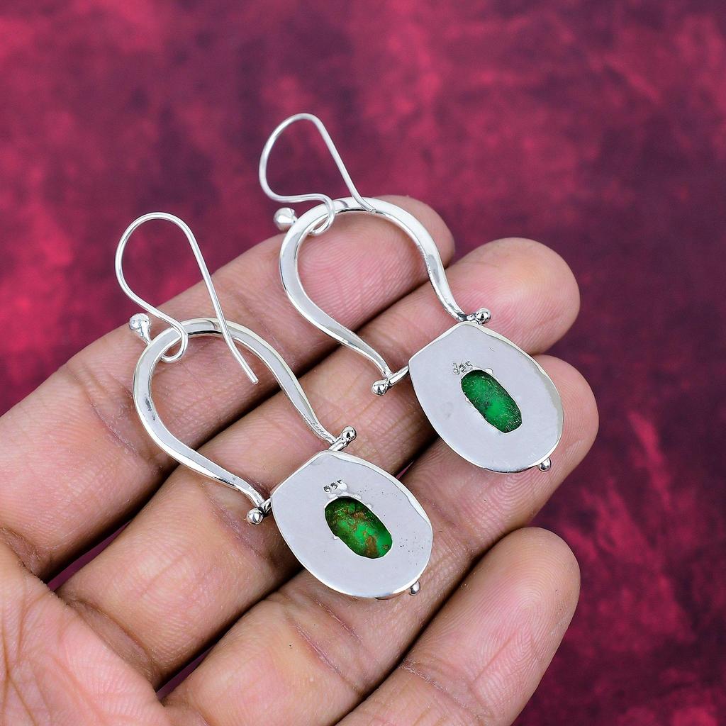 Green Copper Turquoise Earrings Gemstone Jewelry, 925 Solid Sterling Silver Handmade Earrings, Latest Design Jewelry