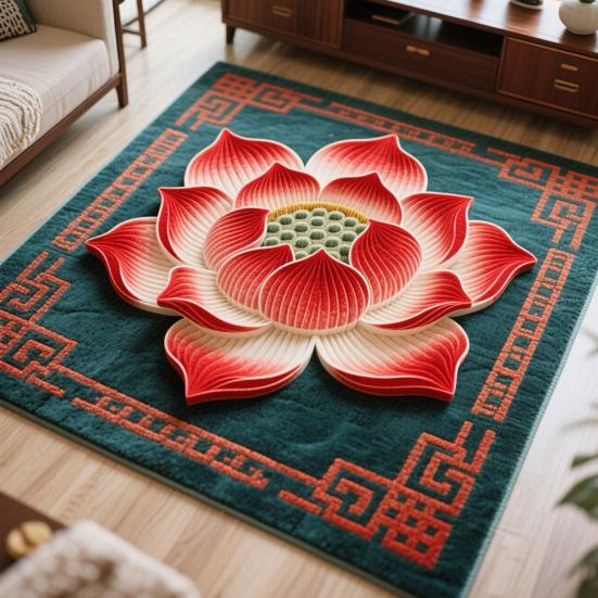 Yousheng Lotus Area Rug Non-slip Washable Flower Indoor Floor Mat Chinese Style Lotus Carpet Living Room Bedroom Office Home Decoration