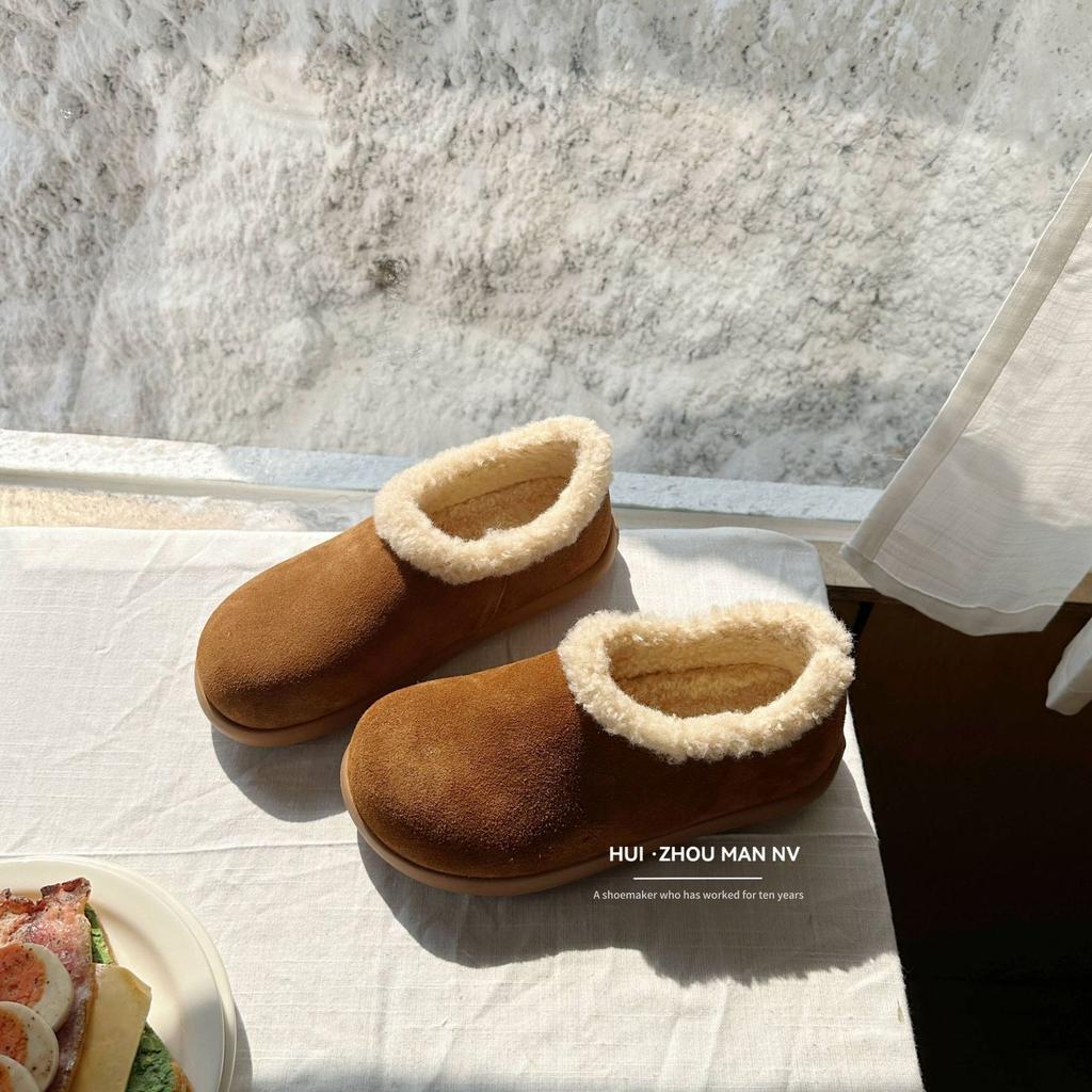 Leather Retro Small Potato Fluffy Boken Shoes Women's 2025 Winter New Warm Thickened Cotton Shoes Snow Boots