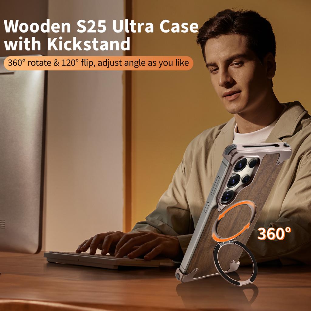 Eary Wood Phone Case for Samsung Galaxy S25 S24 Ultra Magnetic Stand 360° Rotate for Magsafe Bumper Frameless Protective Cover