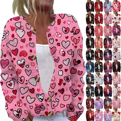 Women's Fashion Valentine's Day Heart Printed Long Sleeve Knitted Cardigan Button Jacket