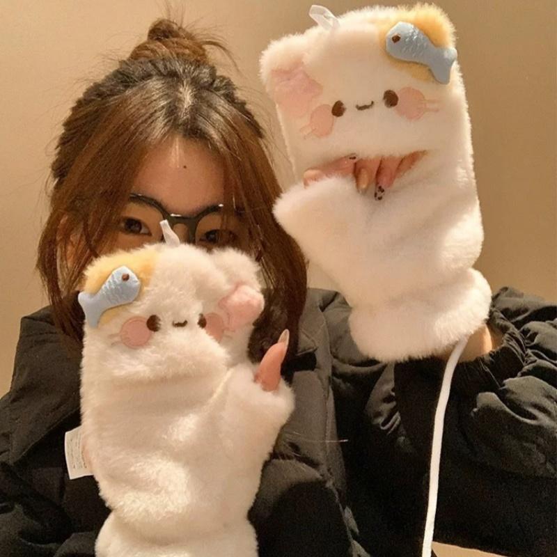 Lovely Cat Cartoon Flip Plush Gloves Warm Cold Student Gloves Women Winter Outdoor Soft Thickened Half Finger Touchscreen Gloves
