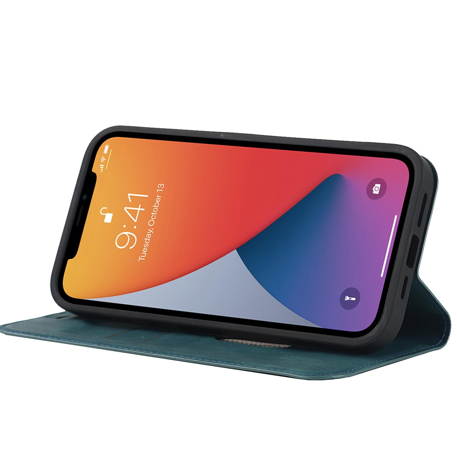 

For iPhone 12 6.1 inch/12 Pro 6.1 inch Magnetic Auto-absorbed PU Leather Case Stand Card Holder Cover with RFID Blocking Blue