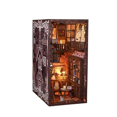 Book Nook Bausatz Holzpuppenhaus Bücherregal-Einsatz Dekoration mit LED-Licht Puppenhaus Modell Einsatz Buchstütze Bau für Kindergeschenke