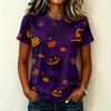 Women's Casual Short Sleeve Round Neck Pullover T-Shirt with Halloween Print