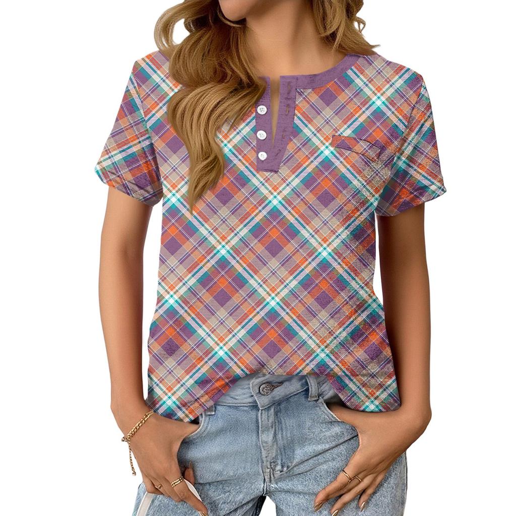Modisches Lässiges Sommer-Karomuster V-Ausschnitt Knopf Kurzarm-Oberteil für Damen