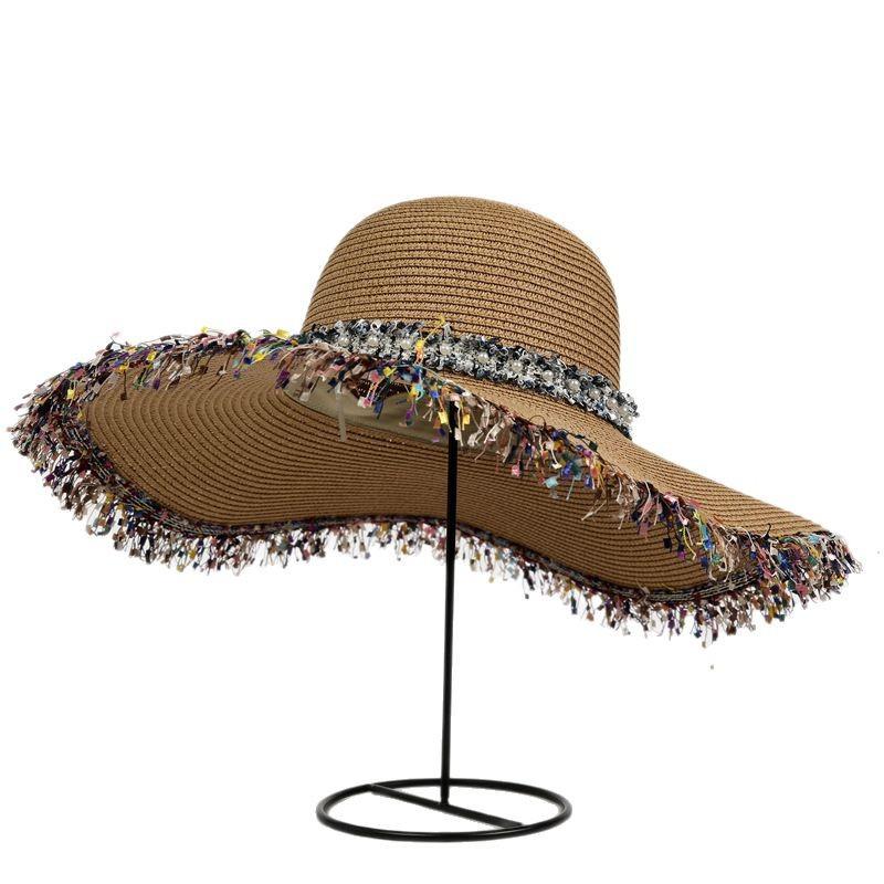 Hat Female Summer Hepburn Wind Dome Rough Fringe Shade Straw Hat Seaside Resort Beach Hat Sunscreen Sun Hat