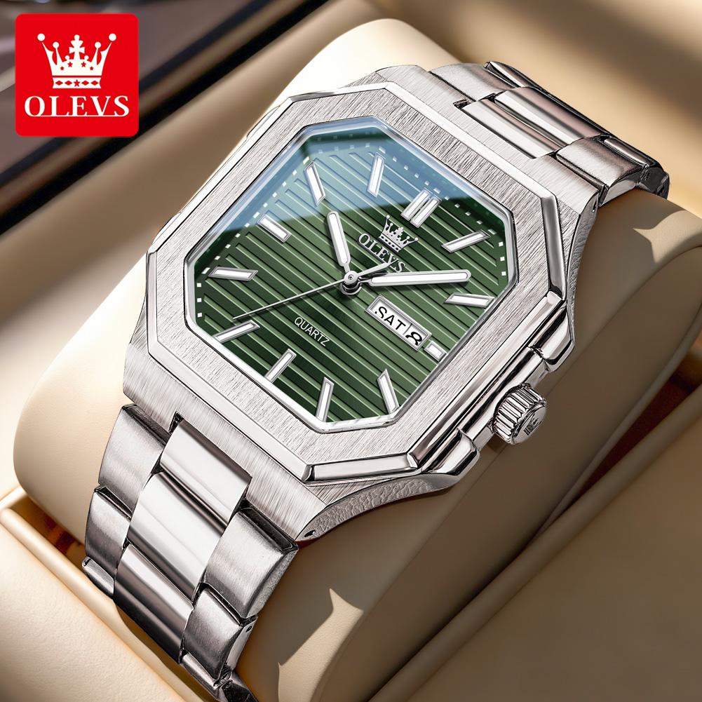 OLEVS 3731 Quartz Wristwatch for Men Stainless Steel Square Dial Fashion Simple Dual Calendar Luminous Waterproof Men's Watches
