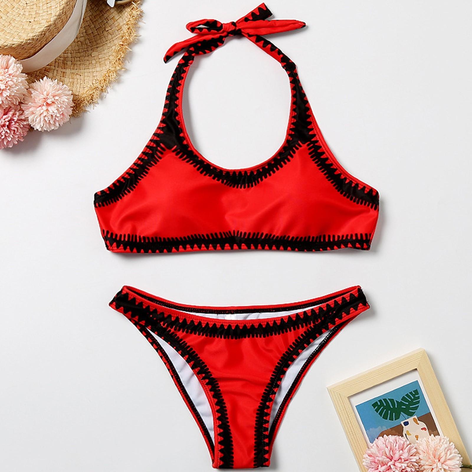 Fashion Women s Printed Neck Split Swimsuit Casual Sexy Swimsuit Bikini M красный