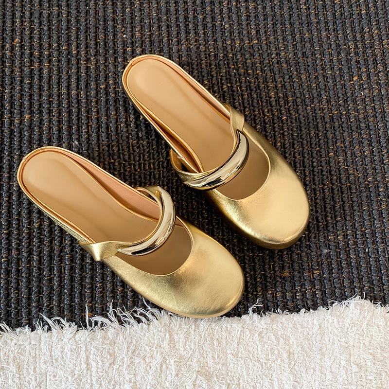 

Niche literary and artistic style metal Mary Jane shoes women s 2025 spring and summer European station round head inner height Baotou half drag 39 золотой