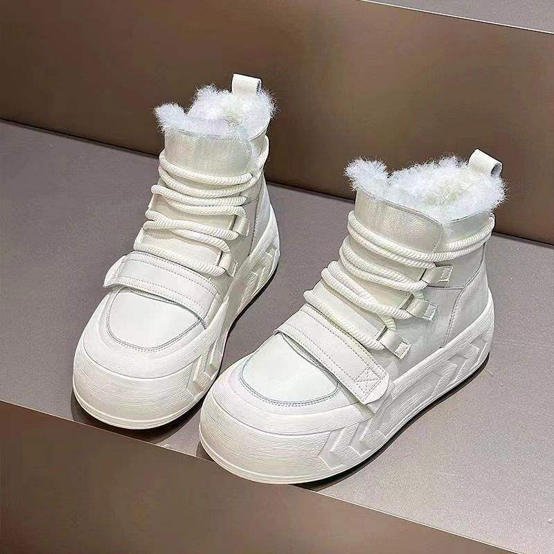 Frosted cowhide velvet warm and heightened thick-soled snow boots for women's 2025 winter new retro high-top short cotton boots