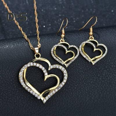 1 Set Women Necklace Earrings Set Hollow Out Heart Shape Rhinestone Decor Prom Party Hanging Earrings Pendant Clavicle Necklace Wedding Dating