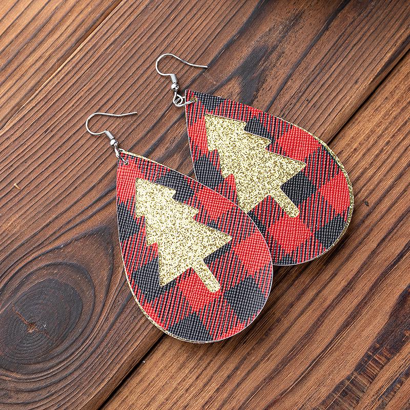 Dual-Layer Glitter Plaid & Hollow Christmas Tree Leather Earrings
