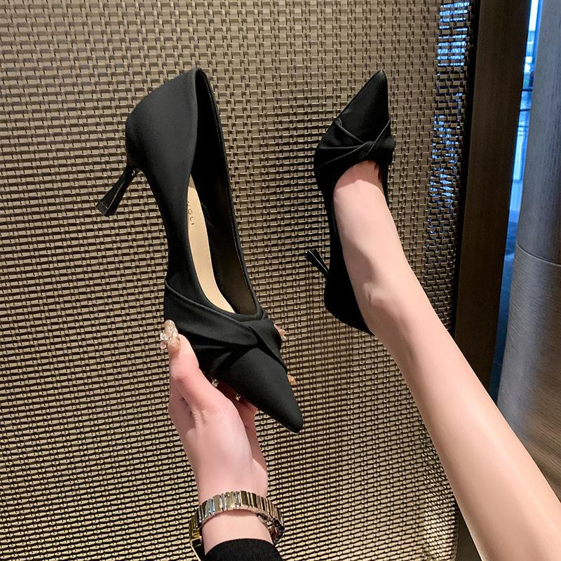 French pointed thin heel pleated beige wine glass and high heels sexy niche design sense professional single shoes women