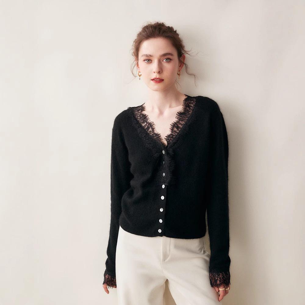 Lace Trim V-Neck Cashmere Cardigan for Women - Short Knitted Wool Sweater Coat with Long Sleeves for Autumn/Winter 2024