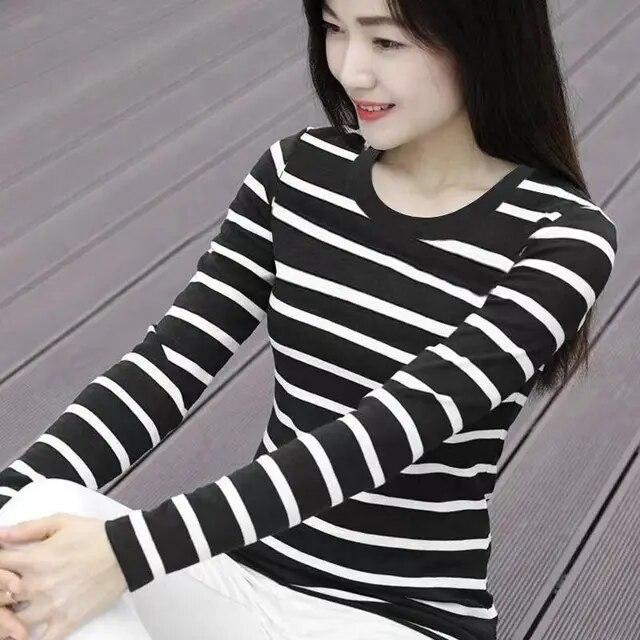 Long Sleeved T-shirt Women's Spring Sutumn New Striped Shirt Korean Loose Versatile Round Neck Bottoming Blouse M-5XL