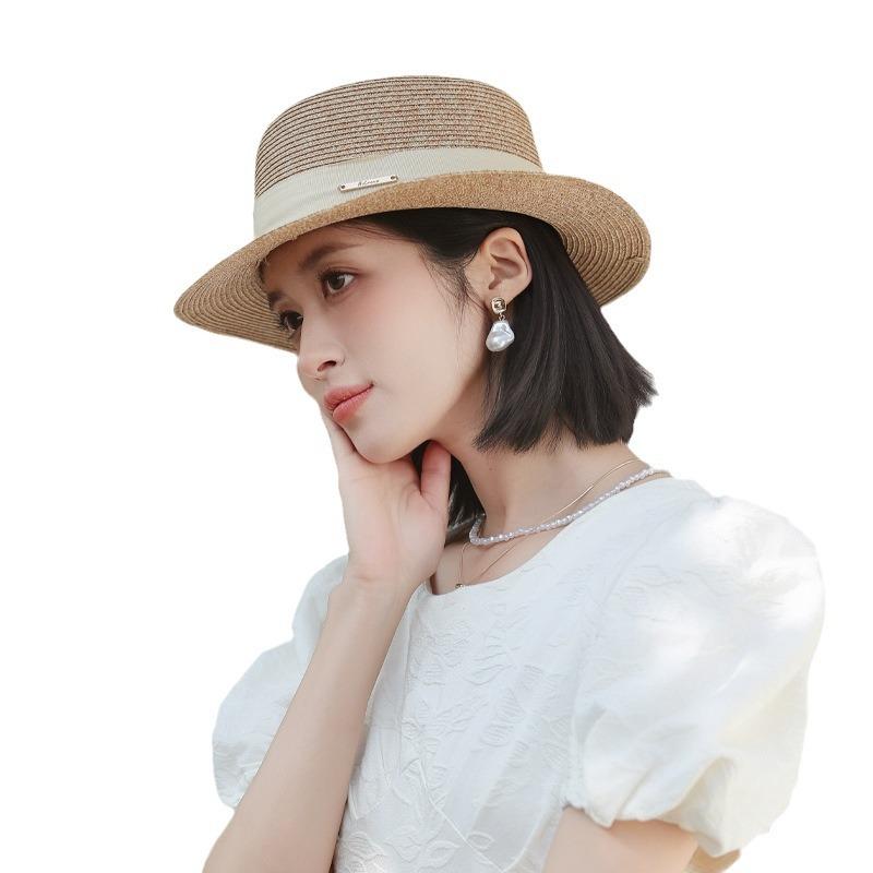 Summer hat women's seaside beach Lafite straw hat sunscreen sunshade woven flat top top hat big head circumference sun hat