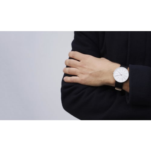 ARNE JACOBSEN BANKERS 53102-2001 Watch, 40mm, Scandinavian Design, Water Resistant (Quiet Design with No Second Hand), White with Black Leather Strap