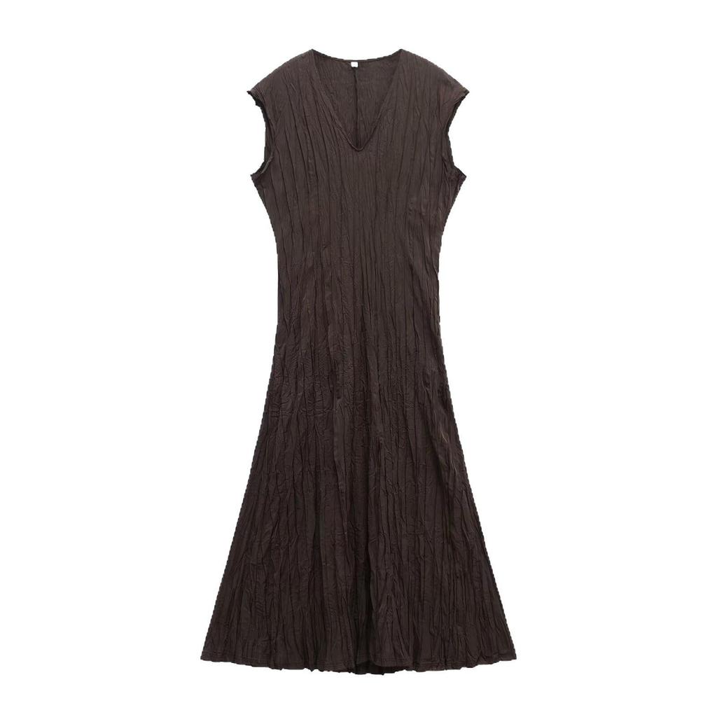 2025 Spring European & American Fashion V-Neck Sleeveless Pleated Long Dress