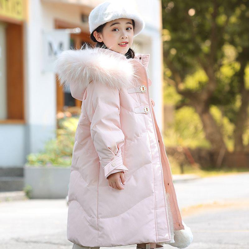 Children's Fashionable Down Jacket, Winter Girls' Warm White Duck Down Mid-length Coat