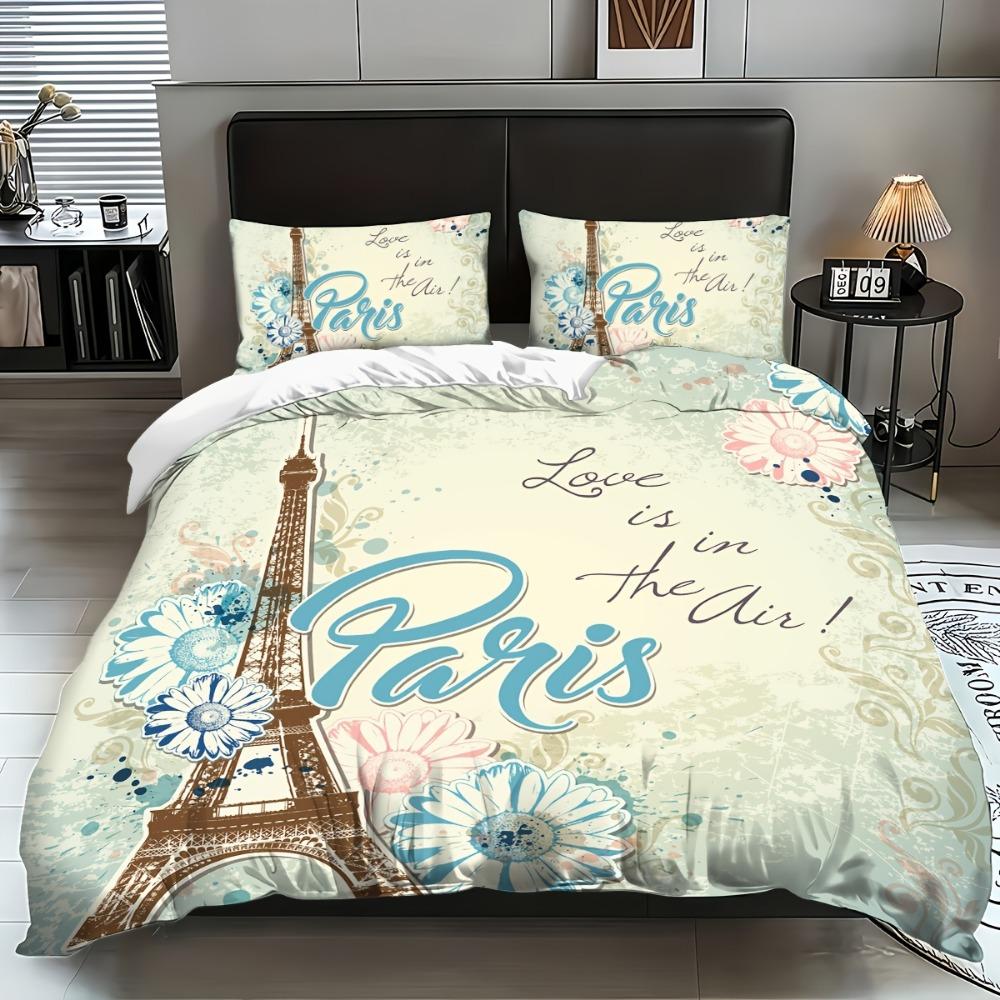 3pcs Bedding Set Paris Eiffel Tower 3D Printed Cozy Duvet Cover King Queen Twin Size Birthday Gift for Adult Girl Bedroom Decor