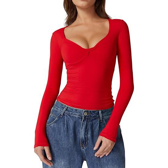 

Женский свитер с длинными рукавами, плиссированная футболка с V-образным вырезом, облегающий топ Spice Girls из молочного шелка, женская одежда на осень XL красный