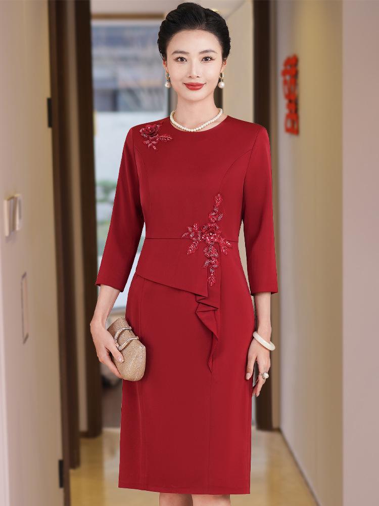 2025 Weinrot Frühling Formelles Kleid für Damen - Elegante Hochzeits- oder Bankettkleidung für Mütter und zierliche Schwiegermütter