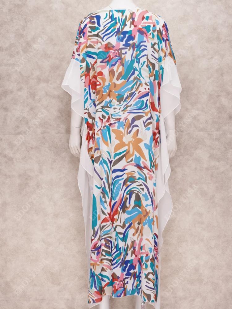 EDOLYNSA Bohemian Chiffon Printed Damenkleid Strandtunika Beachwear Kaftan Badeanzug Cover Up Pplus Size Kaftan Q1176
