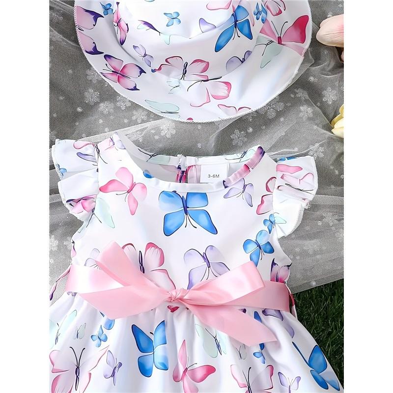 Girls' Fashionable Princess Dress Summer Children's Butterfly Print With Sleeves And Hat