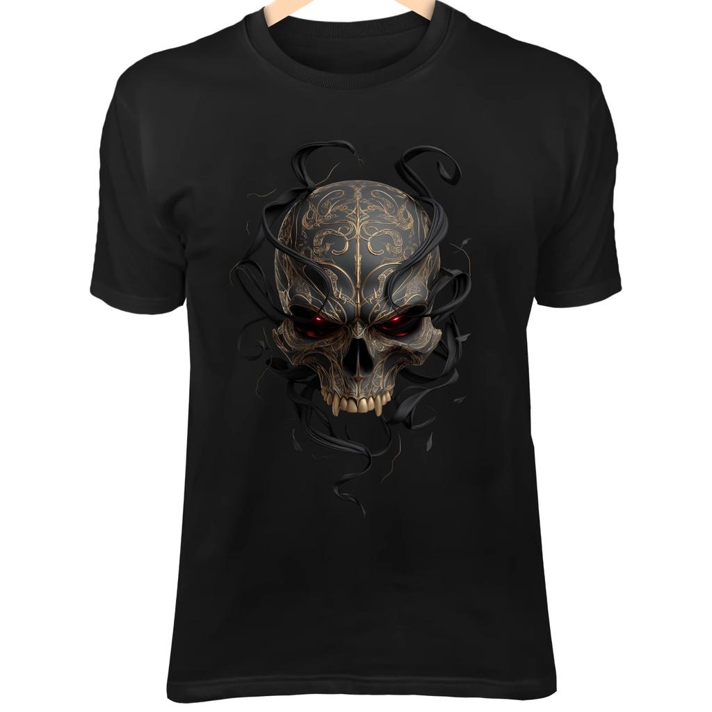 Ancient Floating Skull T-Shirt – Gold Runes, Red Eyes, Shadow Silk Gothic Art