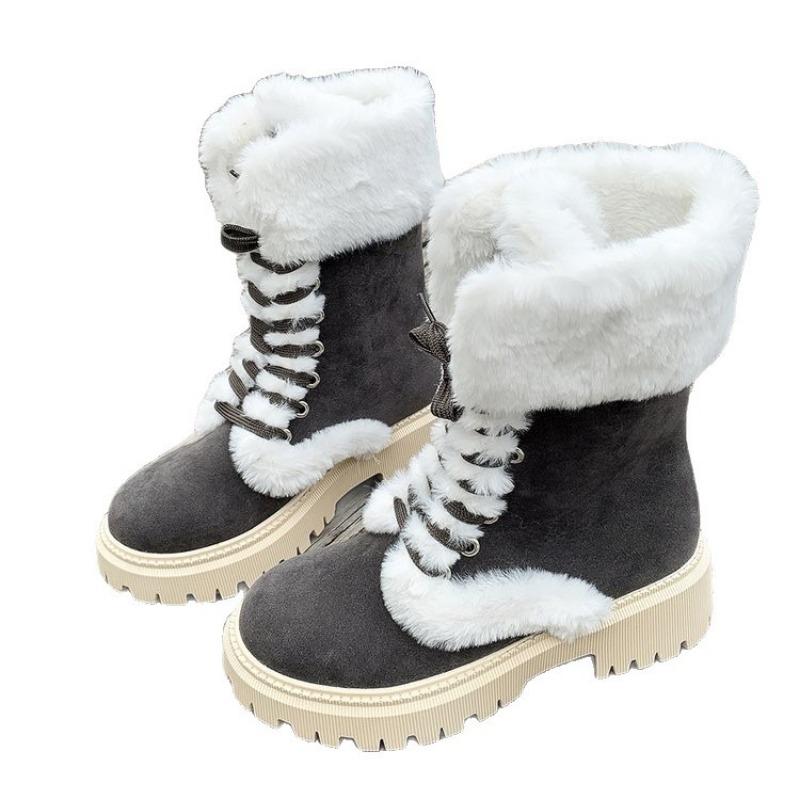 Plus-size Shoes, Fluffy and Warm Thick-soled Mid-calf Boots, Comfortable Round-toed Lace-up Snow Boots for Women