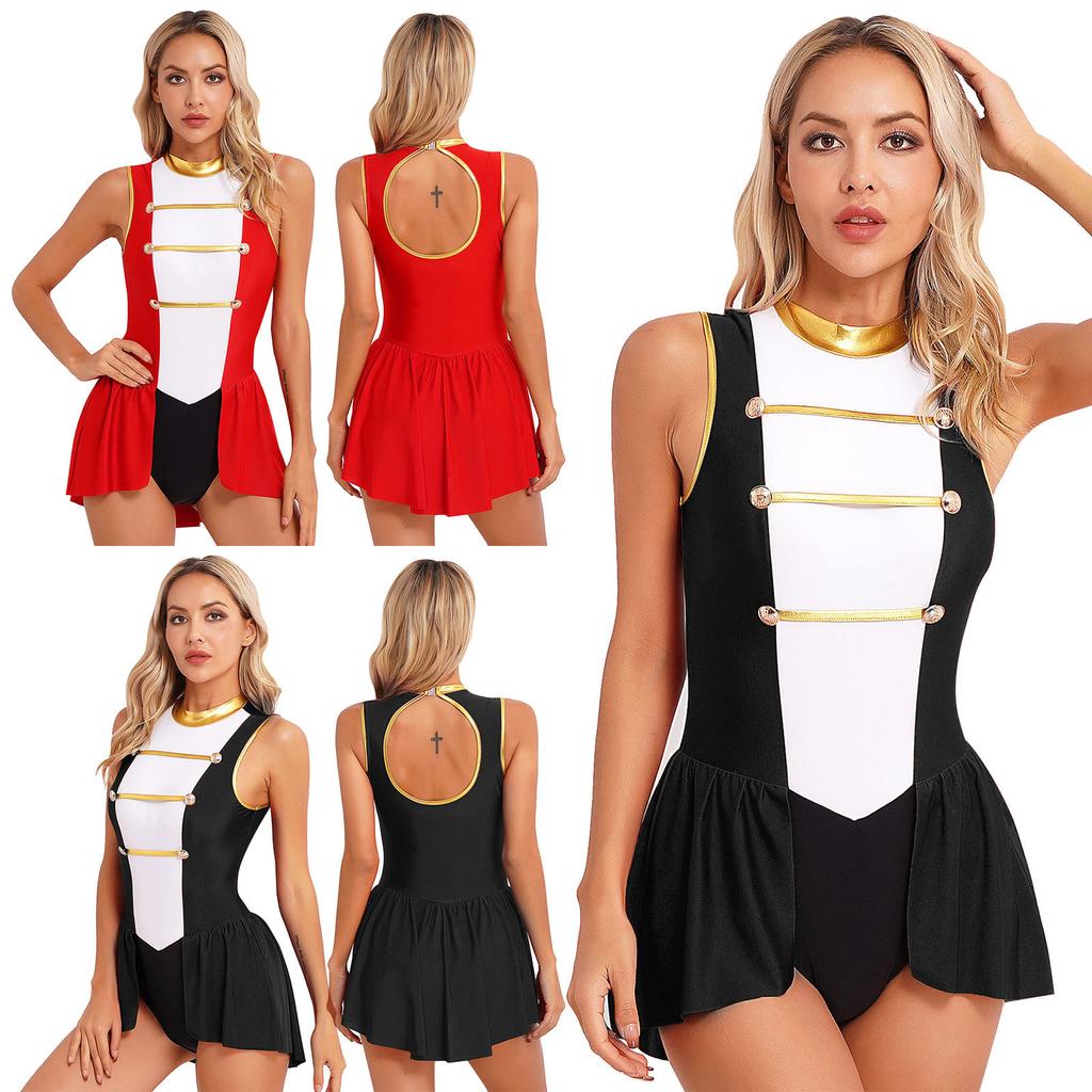 Women's Circus Ringmaster Halloween Costume Sleeveless Skirted Leotard Showman Jumpsuit