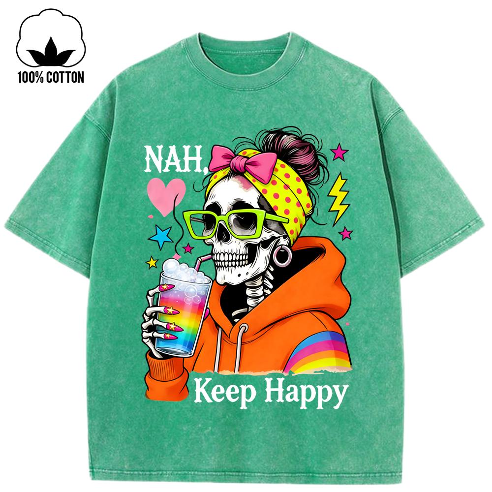 

Keep Happy Drinks Colorful Skulls Pattern Washed Holes T Shirt Women Cotton T-Shirt Y2K Clothes Loose O-Neck Top 3XL