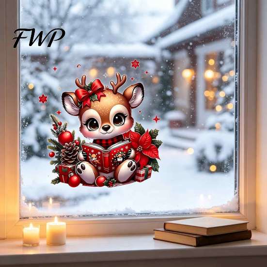 Cute Elk Window Clings Christmas Deer Wall Sticker, PVC Decal for Glass Windows Holiday Decorative Patterns Home Decor, Waterproof Removable Seasonal