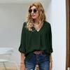 Women's V Neck Three Quarter Sleeve Blouse Loose Fit Office Solid Color High Low Hem Shirt Casual Work Top For Autumn Daily Wear