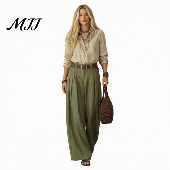Women Two Piece Outfits Casual Set for Fall, V Neck Collared Shirt Anti Wrinkle Fall & Wide Leg Pants, Loose Fit Trousers Autumn