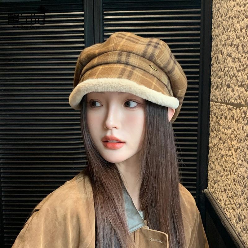 Warm Fleece Plaid Beret Hat Women Winter Retro Octagonal Cap Chic Foldable Beanie With Short Brim