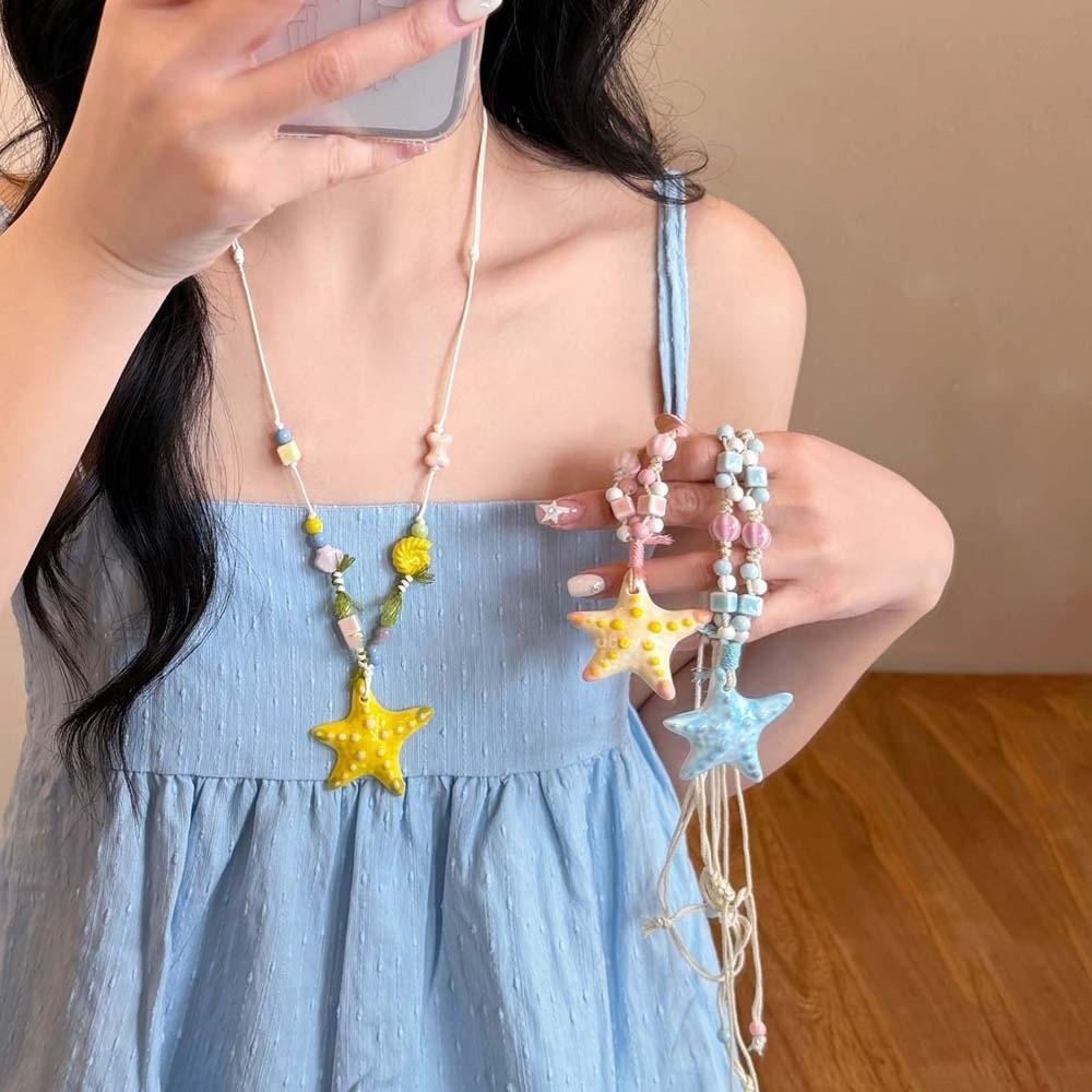 Contrast Color Blue Starfish Collarbone Chain Beads Exquisite Neck Pendant  Seaside Versatile
