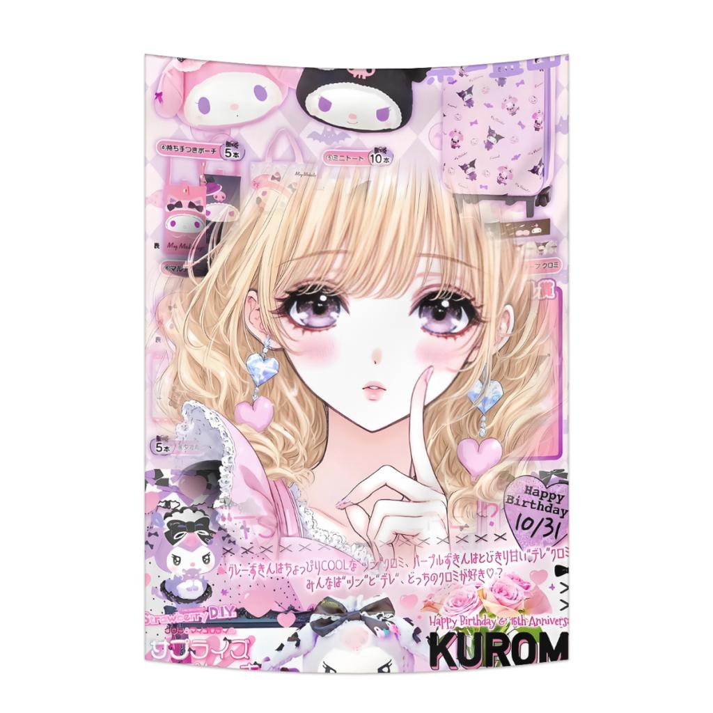 Sweet Anime Girl Tapestry Kawaii Cartoon Style With Cute Animals And Japanese Phrases Wall Decor Background Cloth