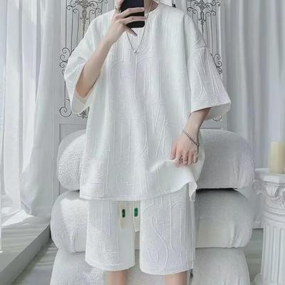 Men's Summer Letter Jacquard Short-Sleeve Sports Suit - Two-Piece Set