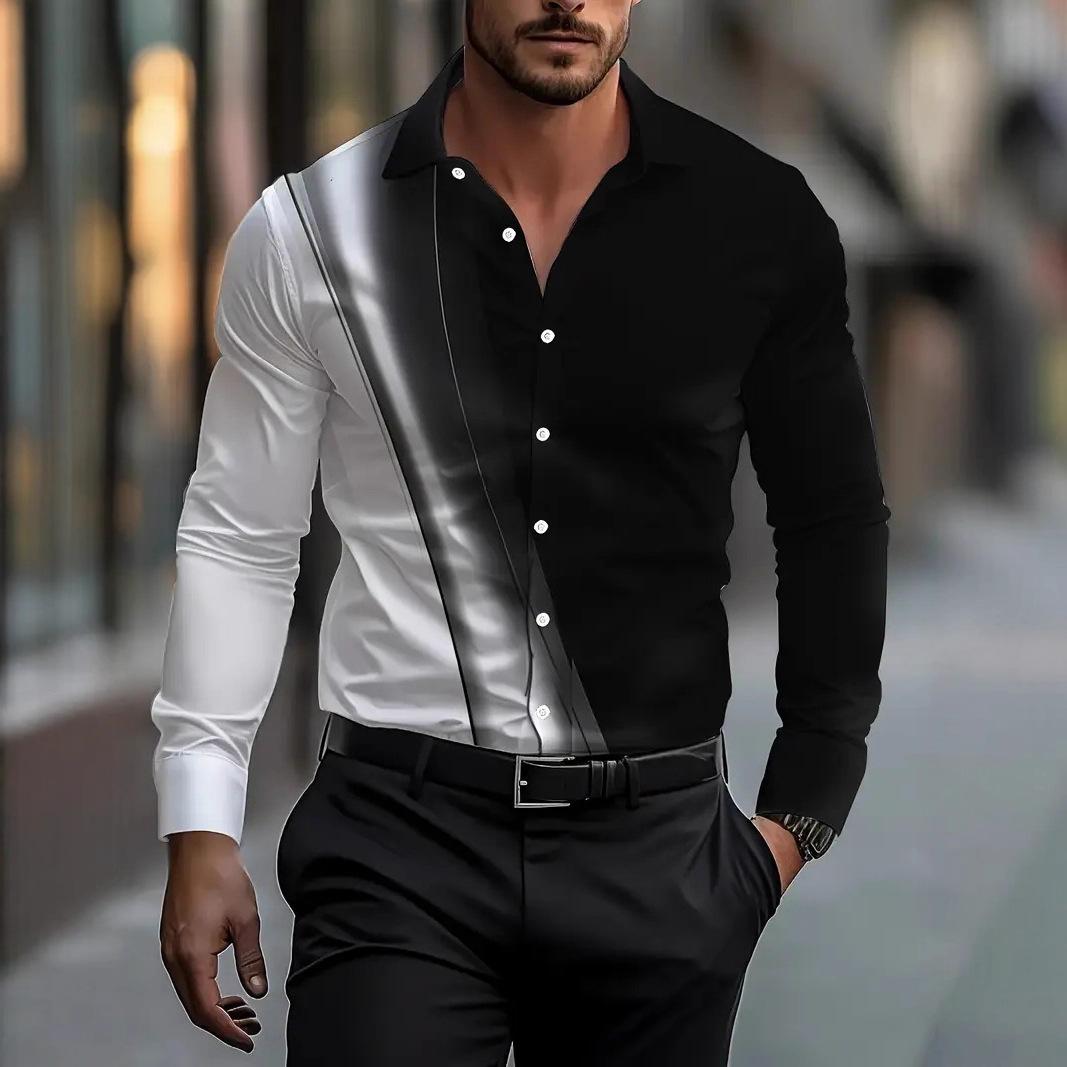 Men S Long Sleeve Turn Down Collar Texture Print Business Shirt M