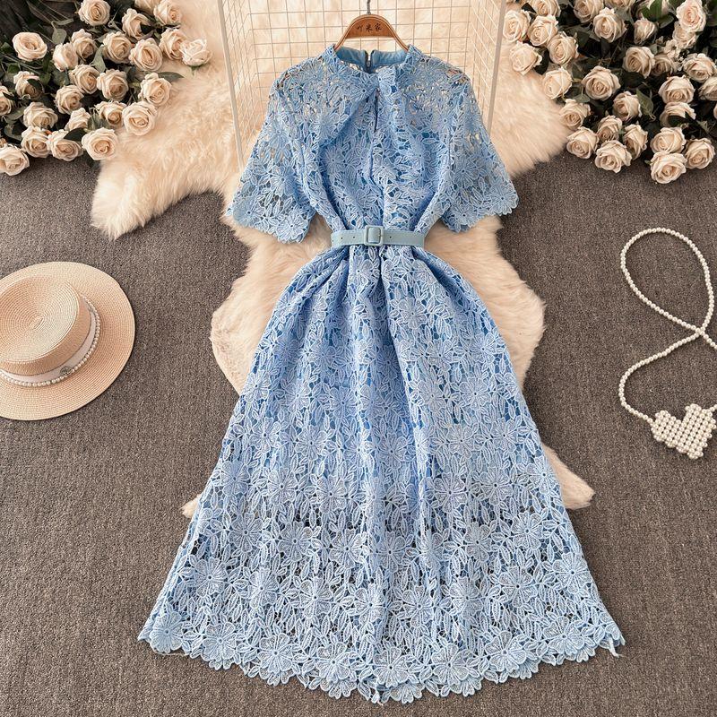 

Fancy Accessible Luxury Ladies Elegant Short Sleeve Stand-up Collar Cinched Slim Looking A- line Cut Out Lace Dress Elegant Dress Blue One size