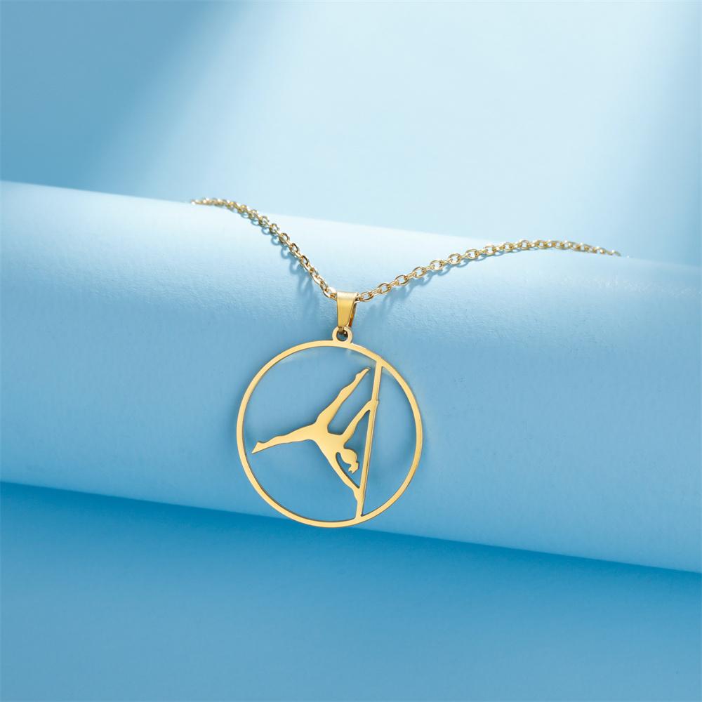 Dancer Rhythmic Gymnastics Round Pendant Necklaces for Women Girls Stainless Steel Gymnast Yoga Necklace Sport Jewelry