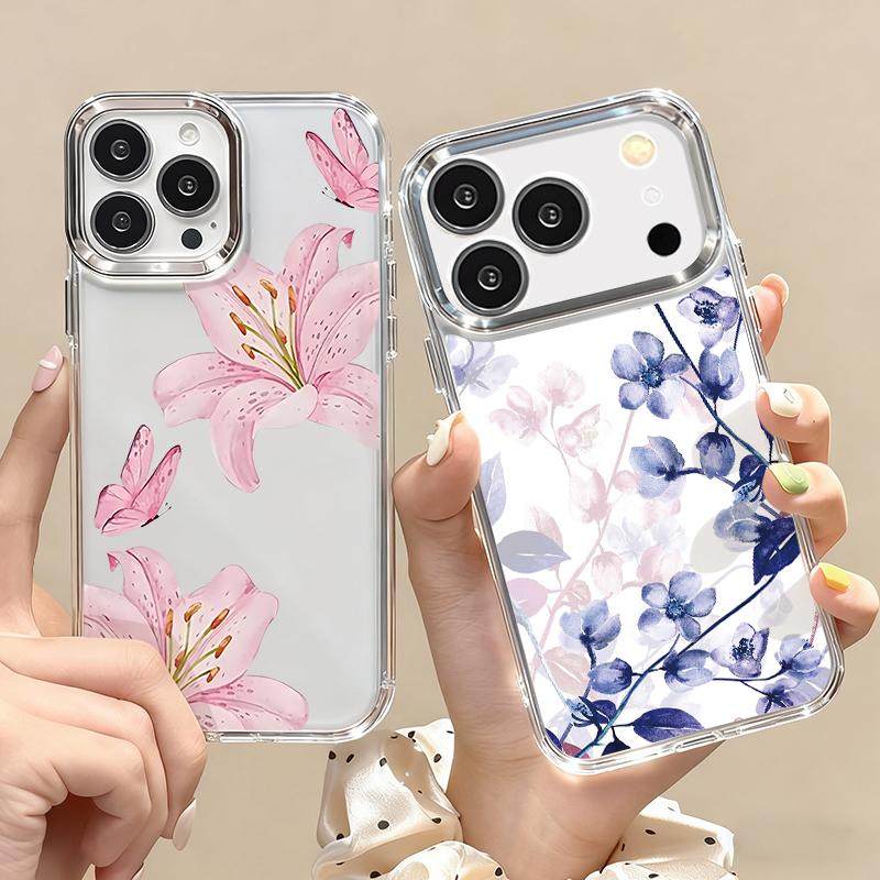 Romantic Rose Flower Pattern Case For iPhone 17 Pro Max iPhone 16 15 14 13 Pro Max 11 17e 16e Plating Lens Frame Clear Soft Silicone Back Cover