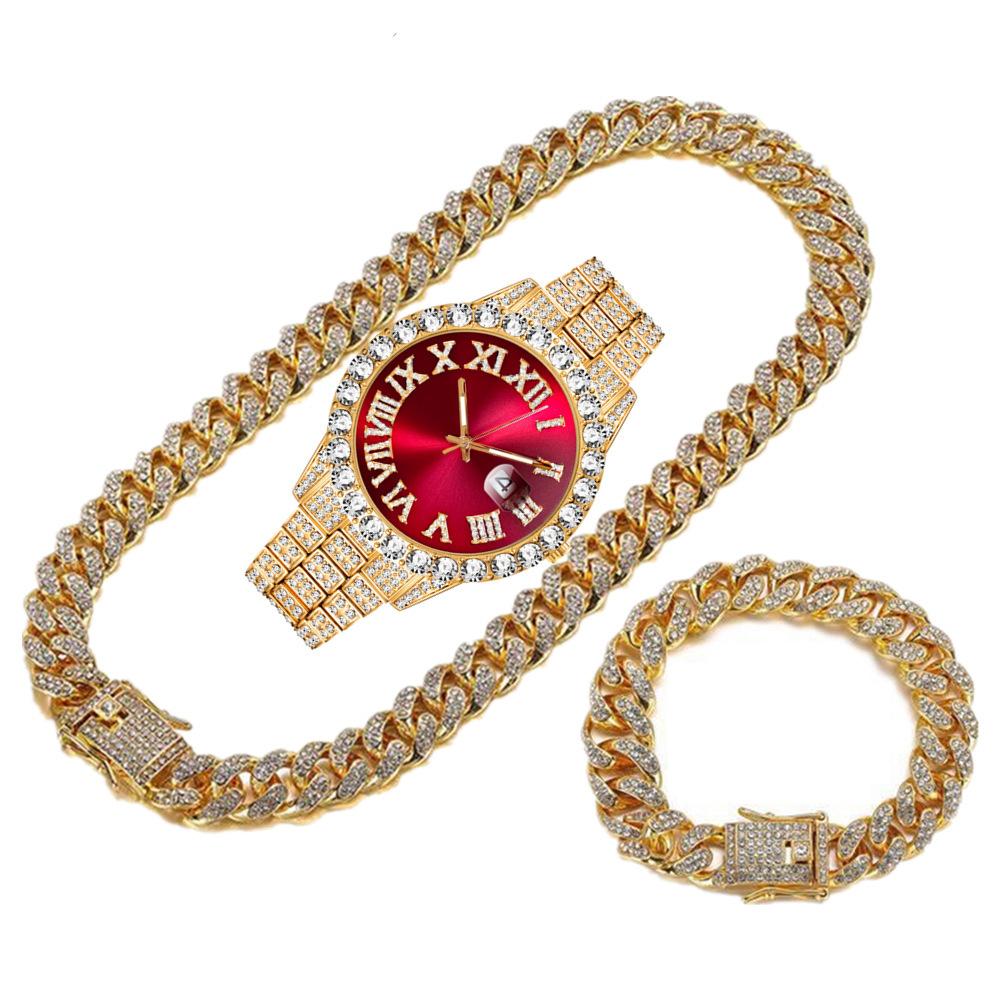 Bling Fully Iced Out Quartz Watch Necklace Bracelet Set Silver Gold Plated 13mm Chain Diamond Pointer Dial Men's