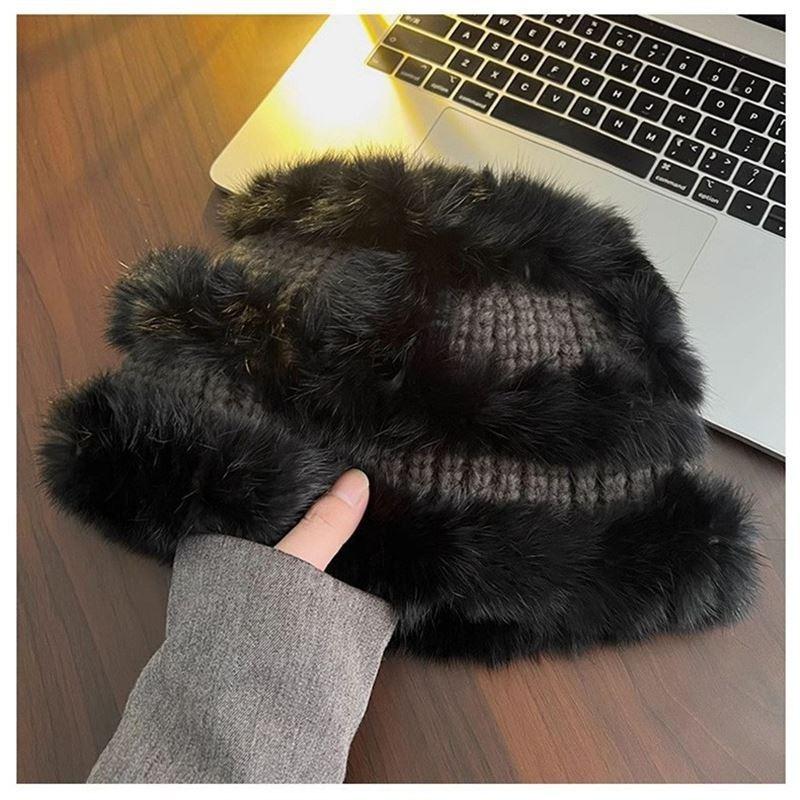 Rabbit hair knitted hat children's autumn and winter new big head circumference ear protector wool hat loose thickened warm fisherman basin hat tide