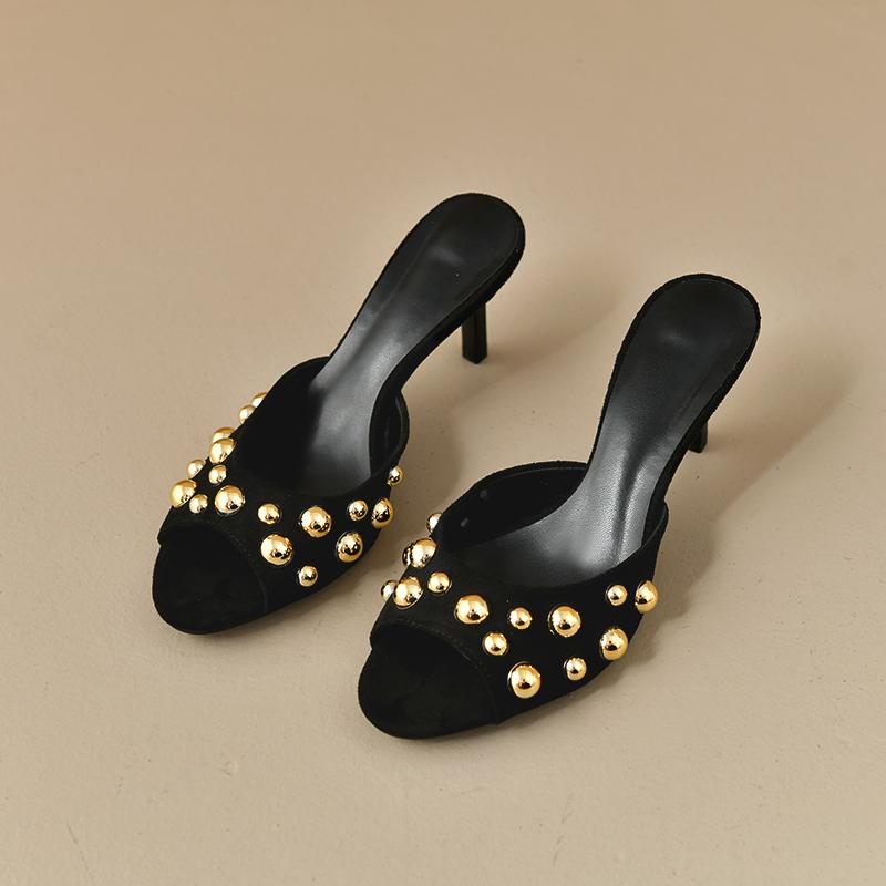 Designer Luxury Summer Open Toe Rivet Women Slippers Elegant Thin Heels Party Dress Mule Ladies Slides Zapatos De Mujer