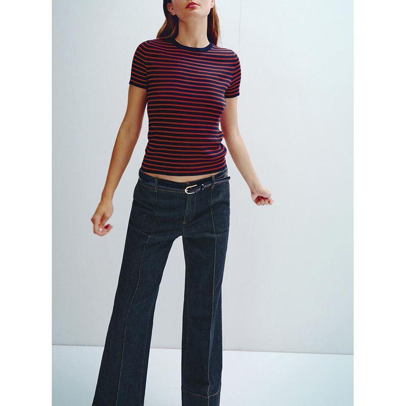 Summer New Product Women's Clothes Minimalist Casual Style T-shirt Stripes Silm round Neck Short Sleeve Knitting Tops 3519020