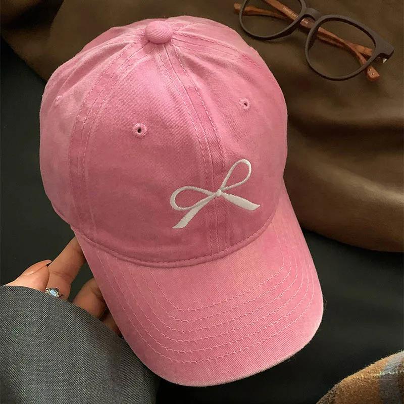 Korean Bow Baseball Caps for Women Retro Washed Cotton Adjustable Duck Tongue Caps Sweet Girl Outdoor Casual Sun Visor Hats